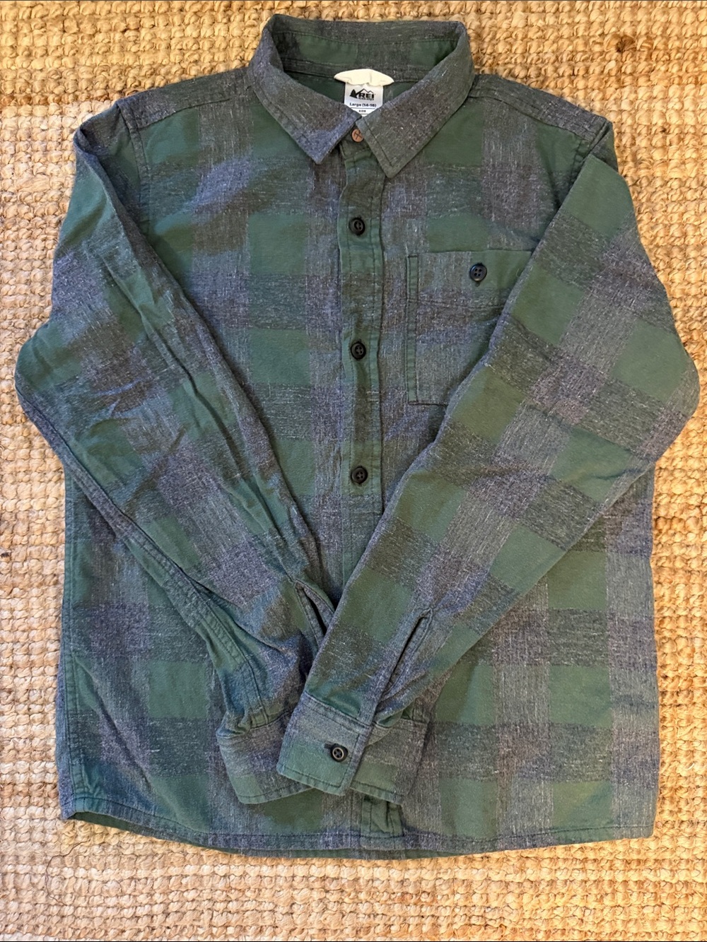 REI Kid’s Green and Gray Plaid Flannel Button-Up Shirt